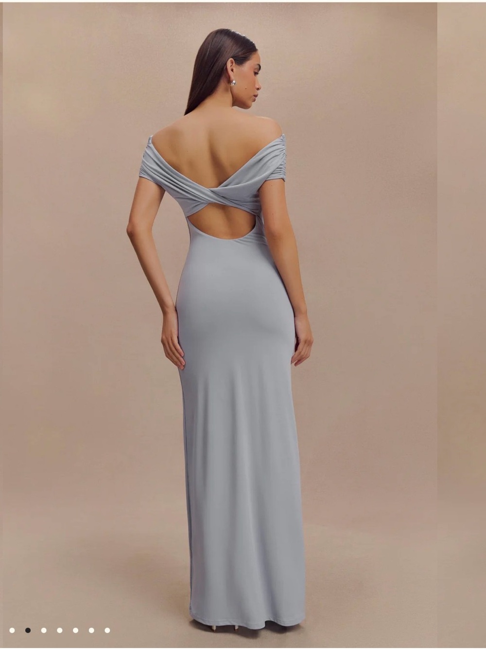 NWT Meshki Imogen Off-Shoulder Slinky Maxi Dress in Dusty Blue - Picture 2 of 6